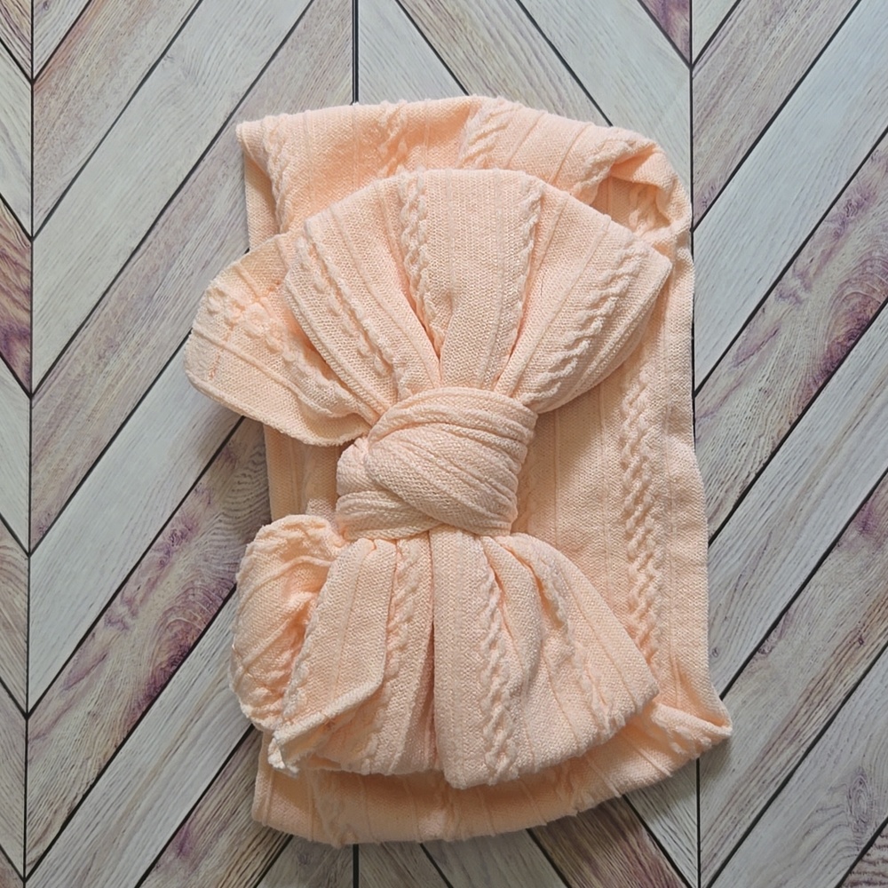 Cable Knit Baby Girl Peach Headband Oversized Bow Soft Stretchy Nylon Hairband